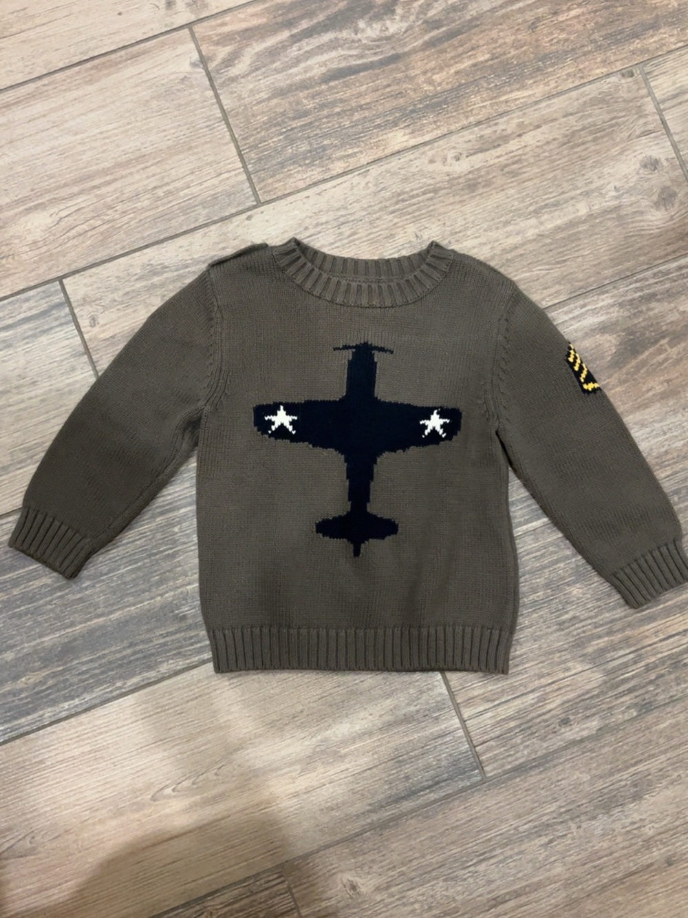 GAP Olive Green Sweater with Navy Airplane Motif